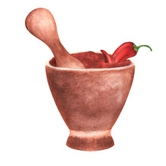 Hand-drawn watercolor paprika in a mortar with a pestle - obrazy, fototapety, plakaty