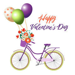 Bicycle with balloons and a basket of flowers. Valentine's day and love. Illustration for a postcard or poster.