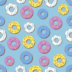 Seamless patern with donuts pink yellow blue and white on a blue background, graphic pattern.