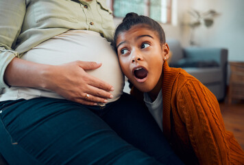 Pregnancy, family and girl with ear to pregnant belly with wow, shock and surprise expression on...