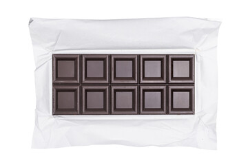 Bitter dark chocolate bar isolated on white background, top view