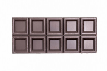 Bitter dark chocolate bar isolated on white background, top view