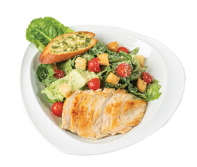 Png Caesar salad with chicken fillet and parmesan cheese isolated on white background.