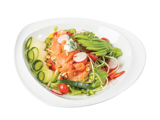 Png smoked salmon salad and avocado, cucumber on white plate.