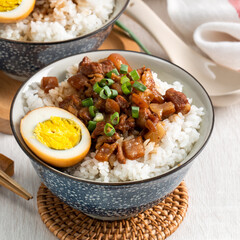 Braised meat over cooked rice, famous and delicious street food in Taiwan.