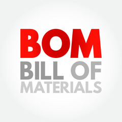 BOM Bill Of Materials - extensive list of raw materials, components, and instructions required to construct, manufacture, or repair a product, acronym text concept background