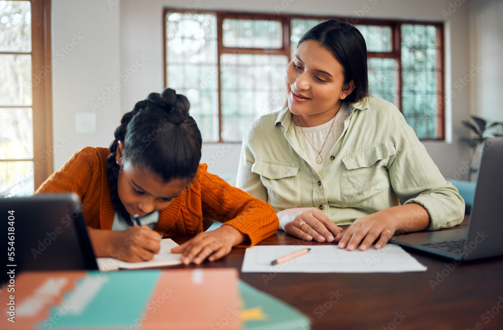 Aufkleber child, homework and learning with mother while writing in notebook for virtual education class at ta