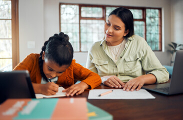 Child, homework and learning with mother while writing in notebook for virtual education class at table at home with support, care and supervision. Woman helping girl with school work in house