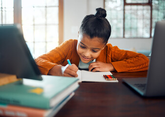 E learning, writing and child in home education, online course and learning on laptop, notebook and stationery for mind development. Happy kid drawing in book for school, knowledge and virtual class