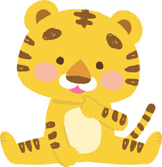 イラスト素材：2頭身で全身で動きを表現するシリーズ　座って不思議そうな表情のトラ　寅年の年賀状(透過背景)
