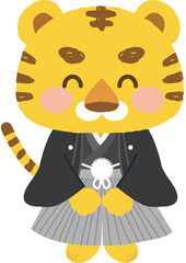 イラスト素材: 着物を着たかわいい寅シリーズ　主線なし　和装でお辞儀でご挨拶をする紋付き袴姿の男の子(透過背景)
