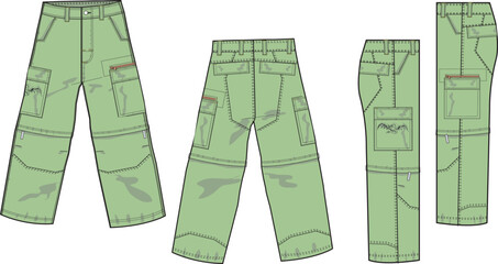 MEN AND BOYS BOTTOM WEAR CARGO PANT VECTOR SKETCH FRONT BACK AND BOTH SIDES VIEW