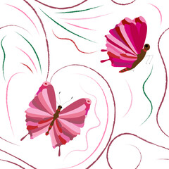 seamless background with beautiful pink butterflies on a white background	