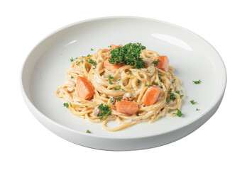 Png spaghetti with salmon on a white plate