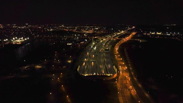 Leidsche Rijntunnel A2 Traffic At Night. Aerial Time Lapse
