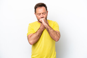 Middle age caucasian man isolated on white background coughing a lot