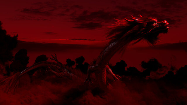 Flying Chinese Dragon against a Red Cloudy Sky. New Year Concept with copy-space.