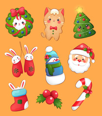 Christmas and New Year holiday collection. Christmas stickers with funny Christmas symbols characters on a orange background. Merry Christmas and Happy New Year!