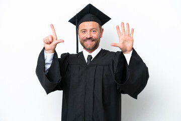 Middle age university graduate man isolated on white background counting seven with fingers