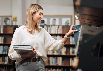 Girl, student and search books in library for education, knowledge and learning. Happy young woman at university, college and bookshelf for reading, studying at campus and doing research for project