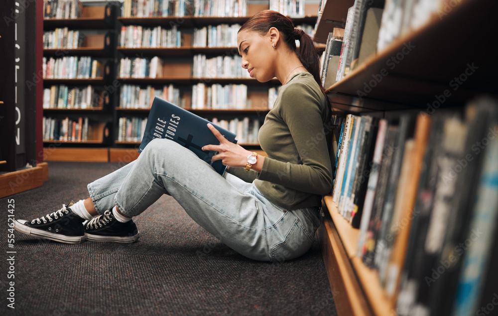 Sticker book, reading and library student on floor with learning, education and research for school, univers