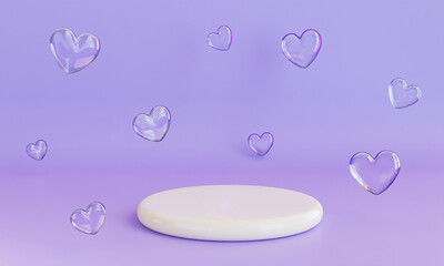 3d podium decorated with glass heart on purple background.3d render and 3d illustration 
