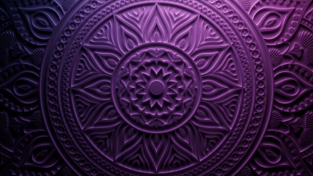 Diwali Concept featuring a Purple Three-dimensional Mandala Design. Festival Background. 3D Render.