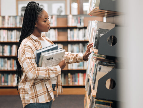 Books Store, Library Choice And Customer With Retail Decision For Education Product, University Study Or College Research. Commerce Bookshop Service, Shelf Or African Student Shopping For Best Seller