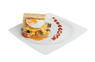 Png assorted sandwiches club with focaccia bread, grilled teriyaki chicken , cheese and fried egg with salad in white background western halal menu