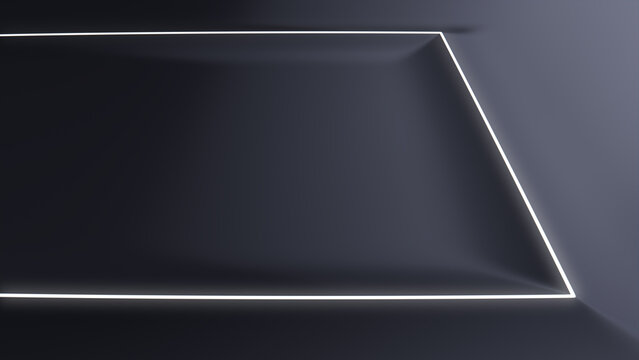 Black Surface with Embossed Shape and White Illuminated Edge. Tech Background with Neon Rectangle. 3D Render.