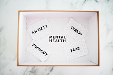 mental health text in box surrounded by anxiety fear stress and burnout texts on scrunched up paper