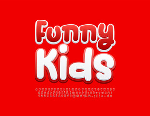 Fototapeta na wymiar Vector playful logo Funny Kids. Red and White 3D Font. Creative set of Alphabet Letters, Numbers and Symbols