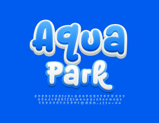 Vector playful logo Aqua Park. Funny Blue 3D Font. Creative Alphabet Letters and Numbers set