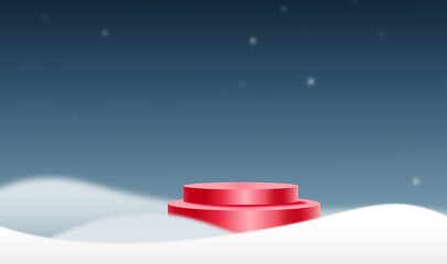 Red podium on Christmas bokeh falling snow with snowy landscapes isolate on png or transparent  background with sparkling  snowflake, star light  for New Year, Birthdays, Special event, luxury card,