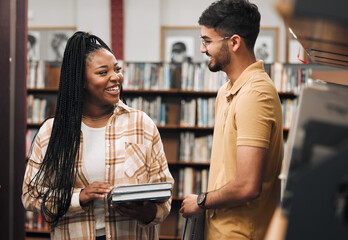 Books, library and couple of friends with study communication, research and project collaboration for idea, goals and learning. Nerd, diversity students by bookshelf for college, university or campus