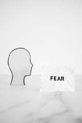 mental health concept, cardboard head  next to Fear text on white marble