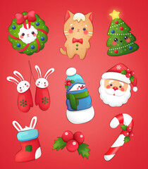 Christmas and New Year holiday collection. Christmas stickers with funny Christmas symbols characters on a red background. Merry Christmas and Happy New Year!