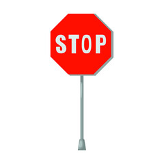 Road red octagonal stop sign on metal pole vector illustration. Billboards, street or highway sign isolated on white background. Traffic, direction or destination concept