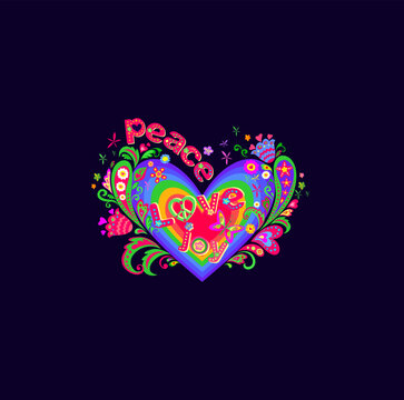 Hippie vivid print with colorful heart shape, flowers and peace, love and joy words on dark background for textile design
