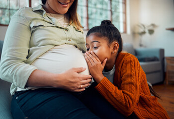 Pregnant, children and stomach with a mother and daughter whispering to a sibling in a belly at...