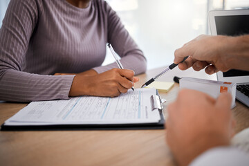 Doctor, patient and hands sign documents, notes and paperwork for life insurance policy, medical...