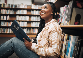 Black woman student, reading or library floor for religion, study or bible in research, focus or learning. African college student, christian education or studying god book for knowledge in Chicago