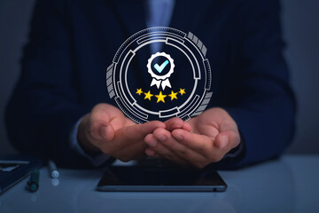 Quality Assurance Concept. Business people show high quality assurance mark, good service, premium, digital signature, premium service assurance, excellence service, high quality, excellence guarantee
