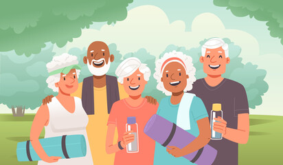 Group of happy elderly people. Seniors do yoga or fitness outdoors - obrazy, fototapety, plakaty