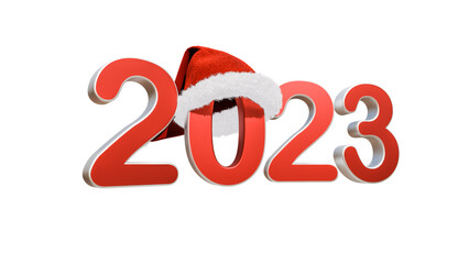 2023 new year 3d rendering of 2023 red 3d text with santa hat on white background, PNG transparent
