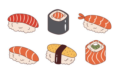 Vector sushi set in retro style. Sushi roll collection 70s. Groovy asian food.