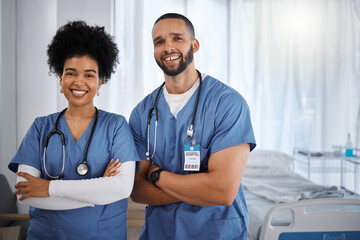 Doctor, portrait smile and arms crossed at hospital with vision for healthcare, phd or cardiology team. Happy medical experts standing in confidence for teamwork, health checkup or medicare at clinic - obrazy, fototapety, plakaty