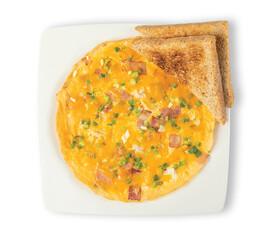 Png Omelette Ham Cheese bacon and bread on white plate isolated on white background, top view