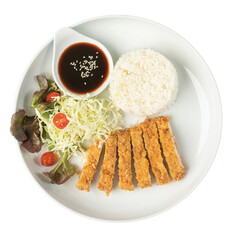 Png Tonkatsu pork rice is in a white plate.	