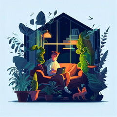 A man watching laptop in beautiful home interior illustration
